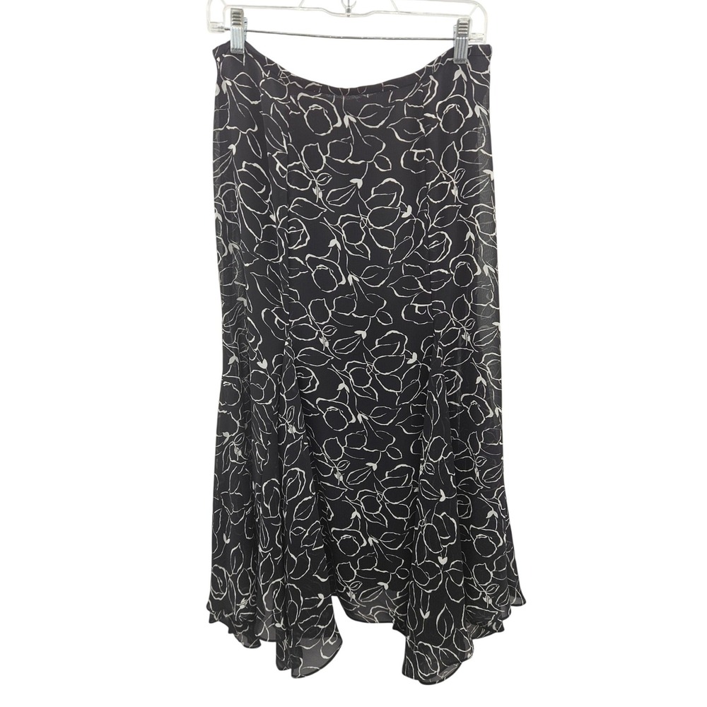Chaps Black White Floral Handkerchief Hem Midi Skirtβ Size 8 Side Zip Lined Rose